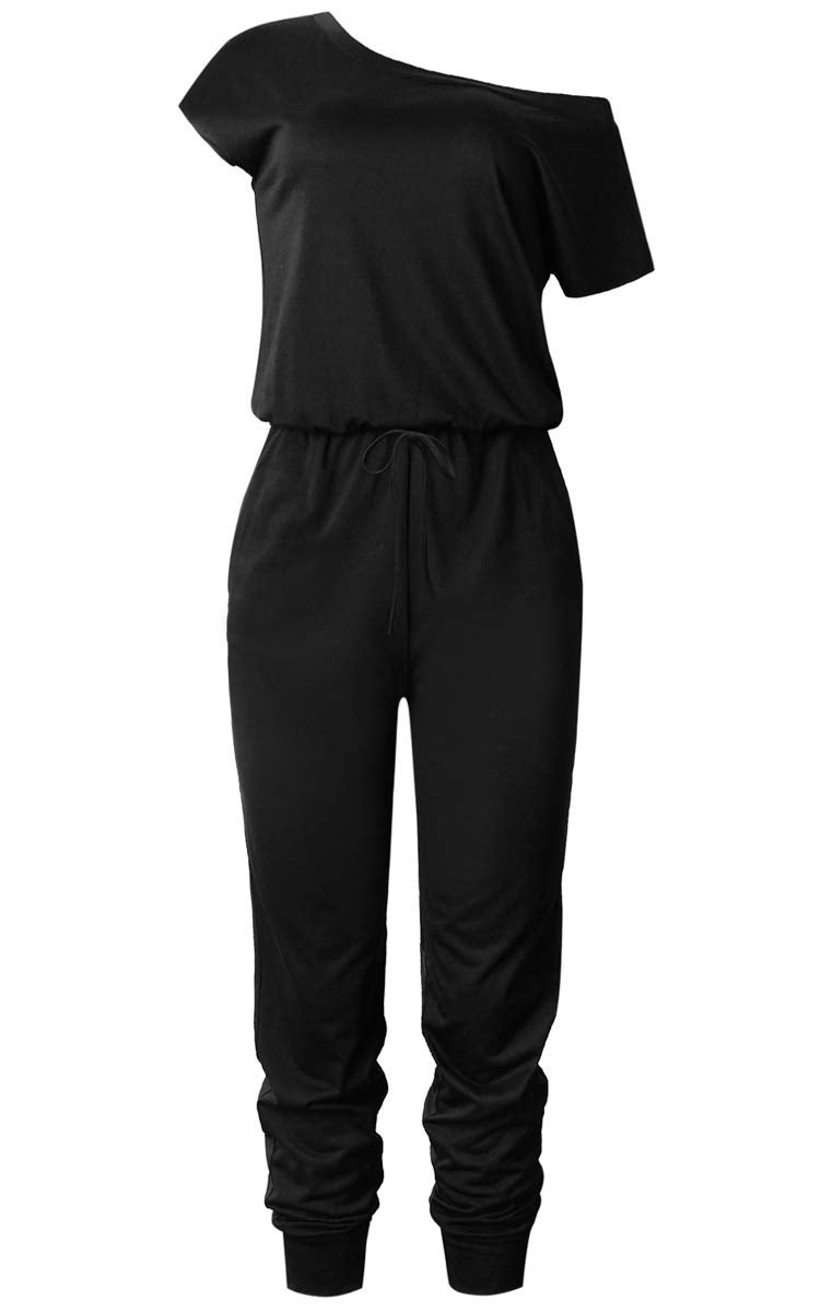 AMiERY Women's Sexy Off Shoulder Jumpsuit Solid Casual Elastic Waist Beam Foot Jumpsuits Rompers Black Medium - Image 5